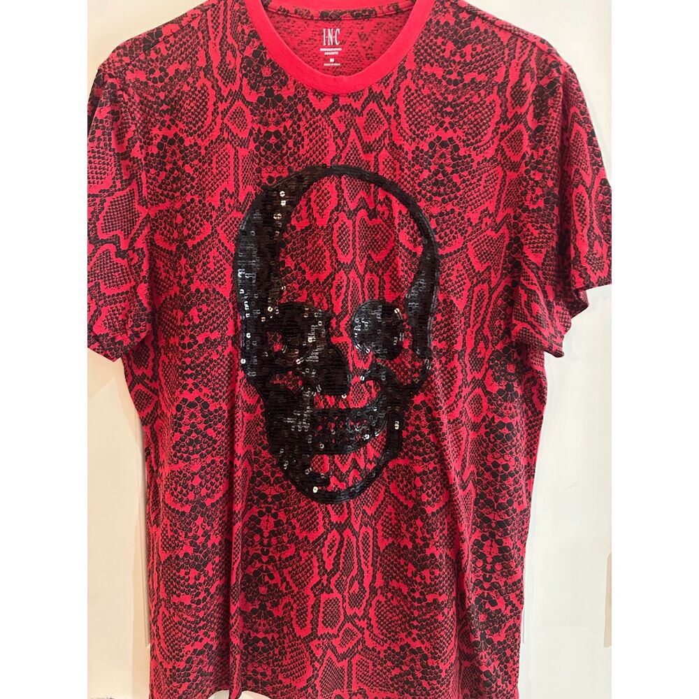 INC Men's Red Snakeskin Graphic T-Shirt with Sequin Skull – Size Medium